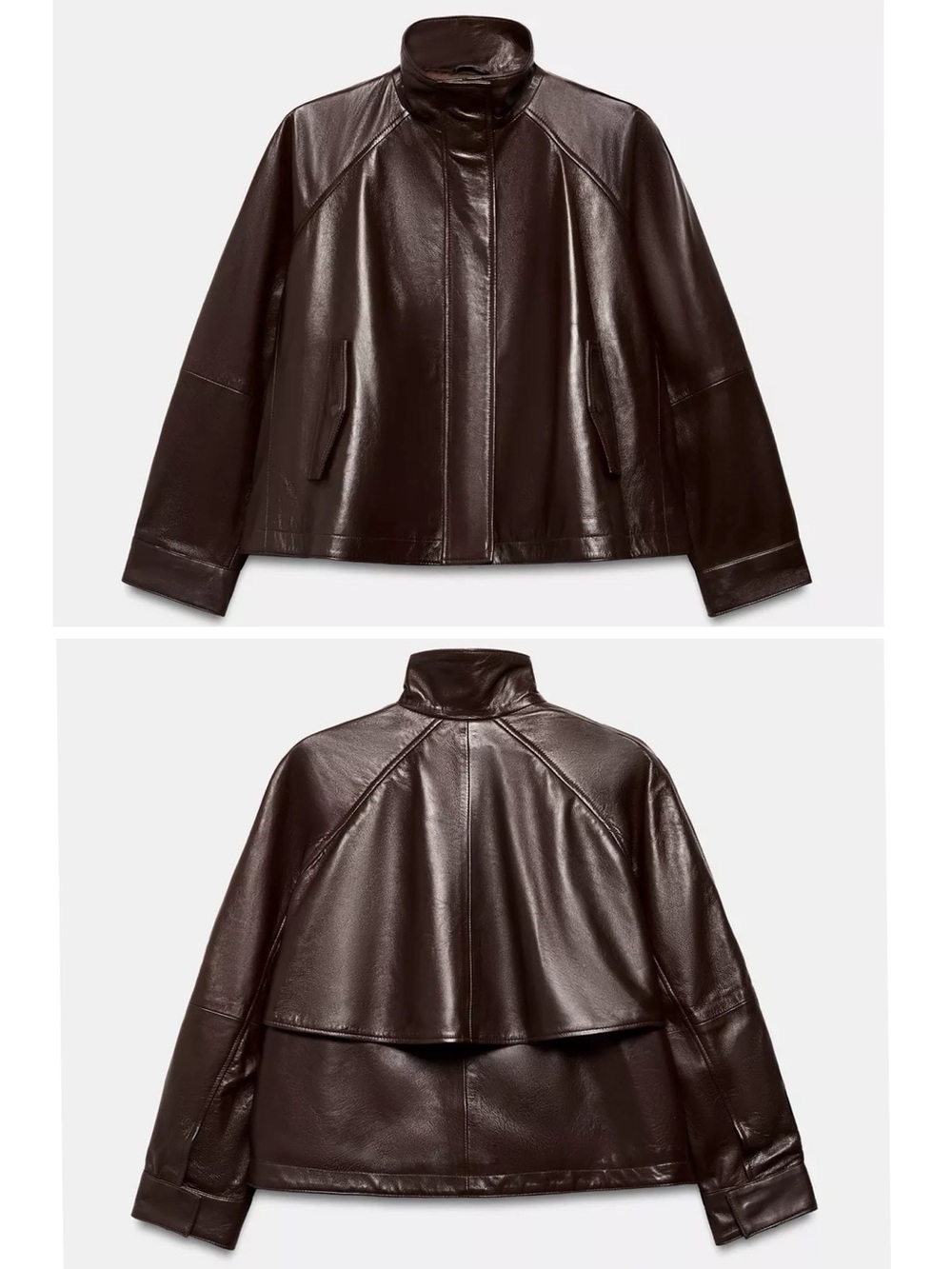 Zara 100% Leather Bomber Jacket High Neck Long Sleeves Cuffs Brown Medium NEW - Picture 5 of 16
